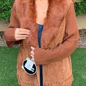 Real Rabbit Fur Jacket Brown with Real Leather Never Worm Original Tags Attached